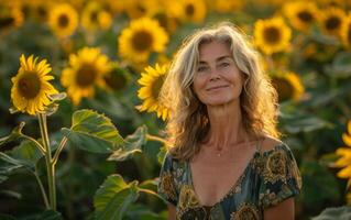 ai généré radiant sourire dans tournesol champ photo