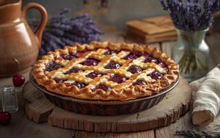 ai généré une fraîchement cuit Cerise tarte repose sur une en bois conseil, ses d'or croûte et vibrant remplissage photo