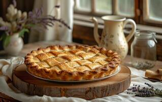 ai généré d'or teinte de une fraîchement cuit Pomme tarte, avec une parfait treillis croûte photo