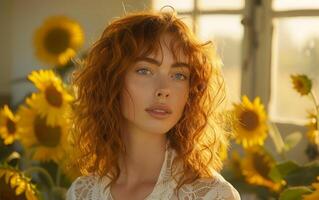 ai généré une femme avec frisé rouge cheveux des stands au milieu de une tournesol champ photo