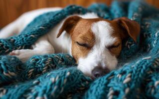 ai généré proche en haut de une paisible jack Russell terrier en train de dormir profondément, recourbé en haut dans une confortable sarcelle tricoté couverture photo