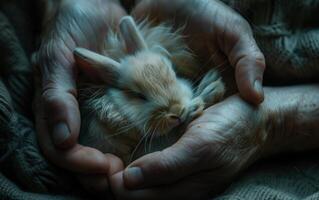 ai généré une nouveau née lapin, doux et serein, mensonges confortablement dans le doux embrasse de soins mains photo