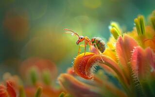 ai généré une macro la photographie chef-d'oeuvre mettant en valeur un fourmi périple le long de une flou plante tige photo