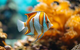 ai généré une vivement rayé bande de cuivre Poisson papillon nage gracieusement près le vibrant coraux photo