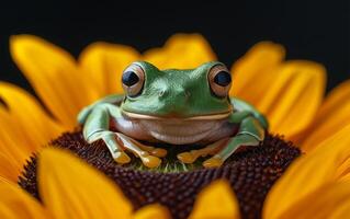 ai généré une vert arbre grenouille perchoirs sur le riche, marron centre de une brillant Jaune tournesol photo