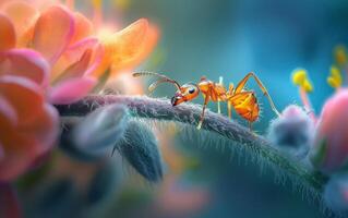 ai généré une macro la photographie chef-d'oeuvre mettant en valeur un fourmi périple le long de une flou plante tige photo