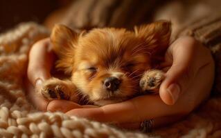 ai généré une minuscule, nouveau née chiot dort confortablement dans le soins berceau de Humain mains photo