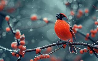 ai généré rouge bouvreuil sur une neigeux branche photo