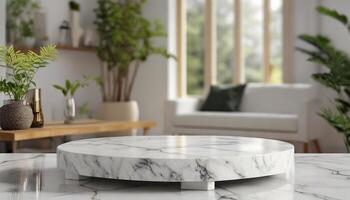ai généré blanc marbre podium table dans moderne vivant chambre, maquette pour conception photo