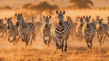 ai généré dynamique mouvement de une troupeau de zèbres galopant à travers le savane, illuminé par le d'or teintes de lumière du soleil photo