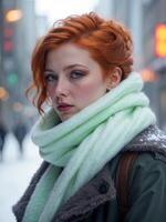 ai généré une femme avec vibrant rouge cheveux portant vert foulard, exsudant une sens de style et confiance photo