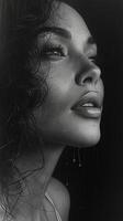 ai généré noir et blanc portrait de une femme affronter, avec humide cheveux, montrant sa faciale Caractéristiques dans détail photo