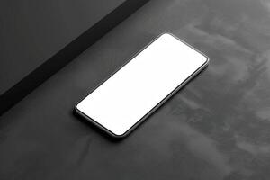 ai généré noir téléphone intelligent avec Vide écran mensonge sur une texturé foncé surface, incliné pour une lisse présentation photo