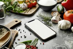 ai généré téléphone intelligent avec Vide écran mensonges parmi Frais cuisine Ingrédients sur une cuisine comptoir, prêt pour une recette app photo