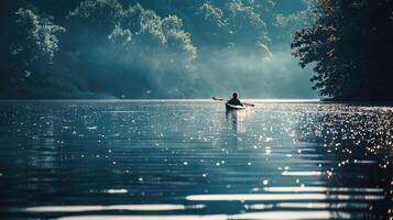 ai généré la personne kayak sur une tranquille Lac avec chatoyant des eaux, entouré par luxuriant collines photo