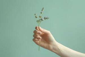 ai généré une délicat main en portant une brin de verdure contre une apaisant sarcelle Contexte photo