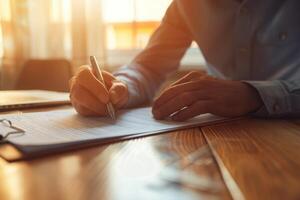 ai généré une la personne signature une document à une bureau. affaires accord, termes et conditions, engagement concept photo