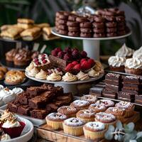 table posé en dehors avec une variété de sucré cuit des biens comme petits gâteaux et Brownies photo