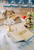ouvert saint livre sur une supporter sur une table suivant à fruit dans vases, des pâtisseries, sucre cônes et des noisettes. tradition de Sofreh aghd photo