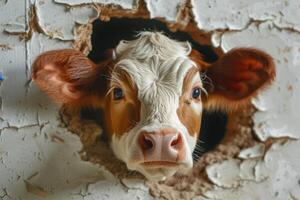 ai généré une vache coups d'oeil par une trou dans le mur photo