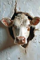 ai généré une vache coups d'oeil par une trou dans le mur photo