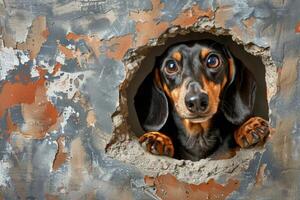 ai généré le chien regards par une trou dans le mur . le le teckel animal de compagnie regards par une trou dans le mur photo