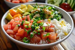 ai généré hawaïen poussée, poisson, riz, légumes, tropical feuilles, fleurs, espace pour texte photo