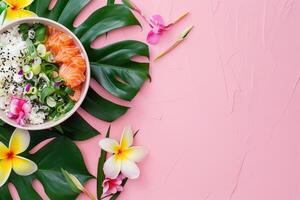 ai généré hawaïen poussée, poisson, riz, légumes, tropical feuilles, fleurs, espace pour texte photo