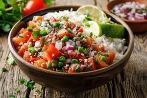 ai généré hawaïen poussée, poisson, riz, légumes, tropical feuilles, fleurs, espace pour texte photo