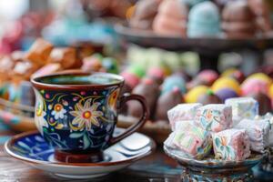 ai généré turc café et coloré Ramadan eid bonbons et chocolat, traditionnel ottoman cuisine desserts photo