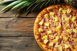 ai généré juste cuit hawaïen Pizza avec ananas et jambon sur en bois planche photo