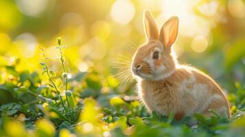 ai généré Pâques lapin dans une jardin avec brillant Soleil lumière. Pâques saison concept photo