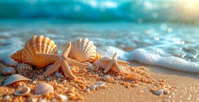 ai généré mer, océan paysage, beaucoup différent coquilles, étoile de mer et océan habitants - ai généré image photo