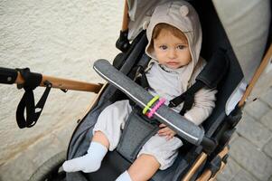 vue de au dessus de une caucasien mignonne bébé garçon séance dans bébé landau en plein air, souriant joliment à la recherche à caméra photo