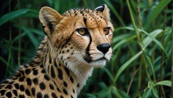 ai généré proche en haut vue de majestueux guépard mettant en valeur ses distinctif Pointé manteau et intense regard dans le tropical jungle photo
