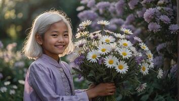 ai généré Jeune asiatique fille avec blanc cheveux permanent dans une luxuriant vert champ avec marguerites sur une ensoleillé journée photo