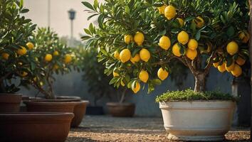 ai généré Extérieur scène de une somptueux citron arbre avec brillant mature citrons photo