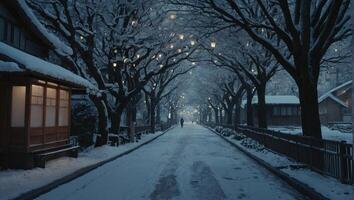 ai généré hiver scène avec neige couvert rue avec petit en bois Maisons supporter sur Soit côté photo