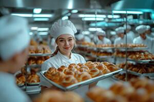 ai généré Jeune professionnel femelle boulanger en portant plateau avec petits pains dans grand moderne boulangerie photo