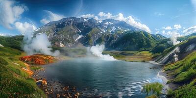 ai généré vue de volcanique caldeira avec geysers et thermique Lac photo