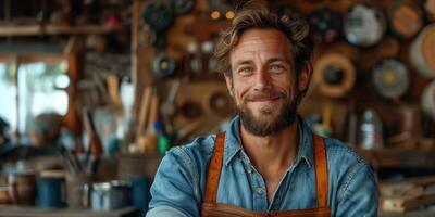 ai généré portrait de souriant mature artisan dans atelier. photo