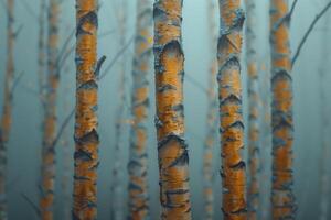 ai généré Contexte avec bouleau forêt dans le brouillard, de bonne heure printemps, la nature photo