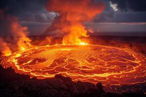 ai généré chaud lave Lac dans le cratère de une bouclier volcan à nuit photo