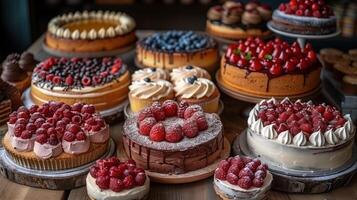 ai généré différent fruit Gâteaux sur une en bois table photo