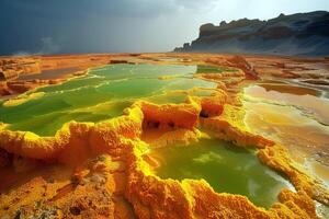 ai généré brillant soufre dépôts autour géothermie les évents, magnifique éthéré paysage photo