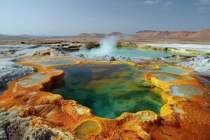 ai généré chaud minéralisé ressorts avec coloré sédiments dans une volcanique bassin photo