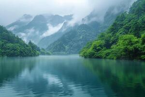 ai généré Montagne paysage avec Lac et forêt dans brumeux matin, Chine photo