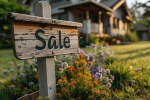 ai généré maison avec une vente signe dans de face de le maison. réel biens concept. photo