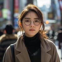 ai généré portrait de Jeune magnifique Japonais femme dans des lunettes sur occupé ville rue photo