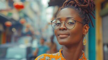ai généré une Jeune magnifique africain femme dans des lunettes sur occupé ville rue photo